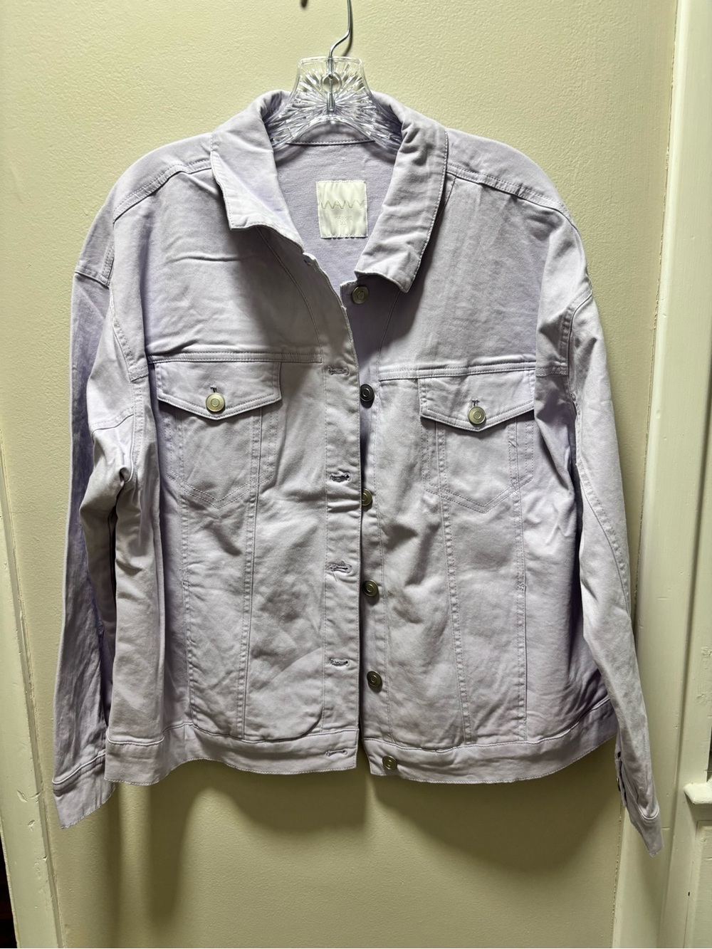 Woman’s XL/16-18 Denim Light Lavender Button Up Jacket Side Pockets NWOT